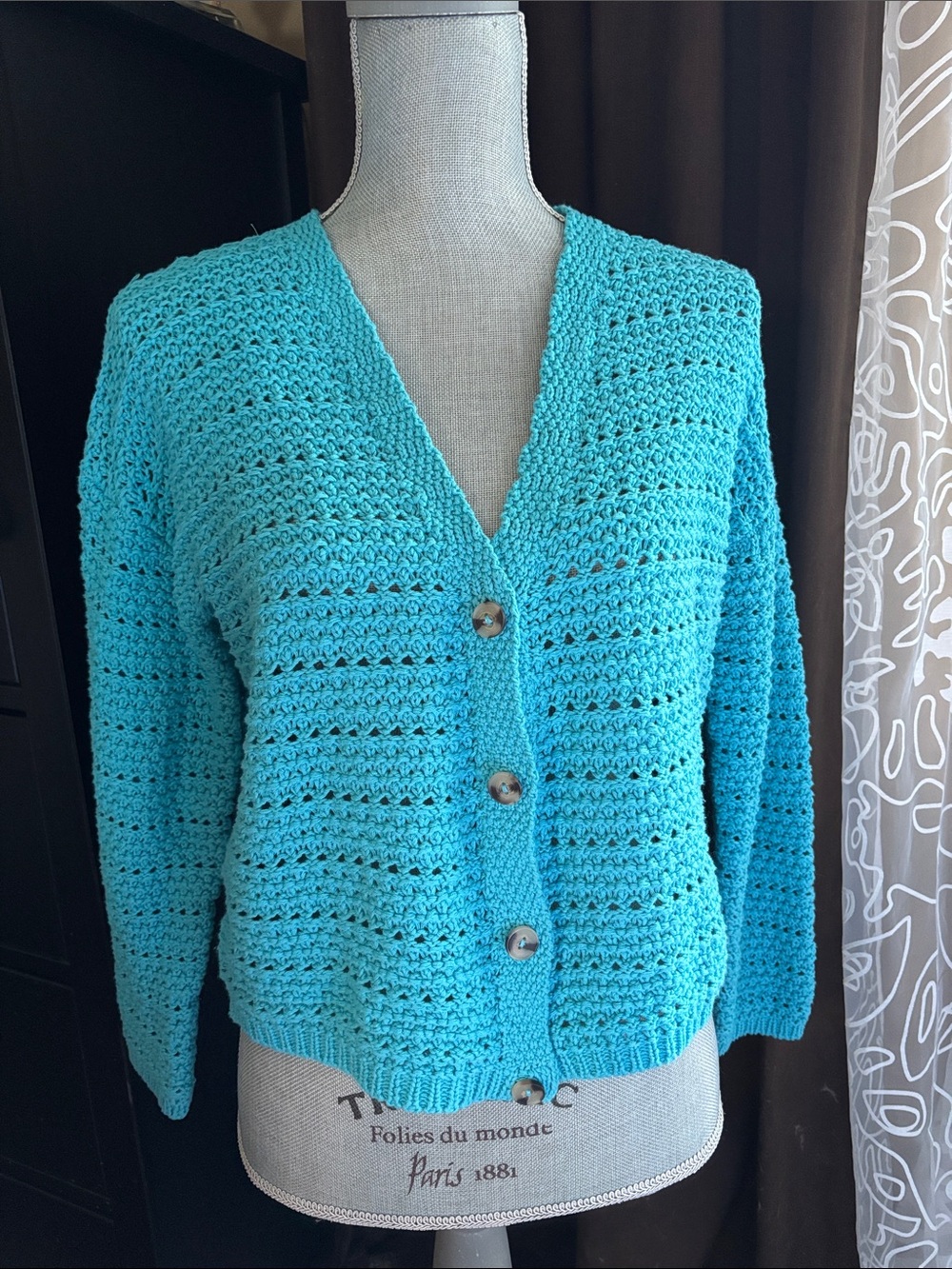 Turquoise Open-Knit V-Neck Button Crop style Cardigan Sweater